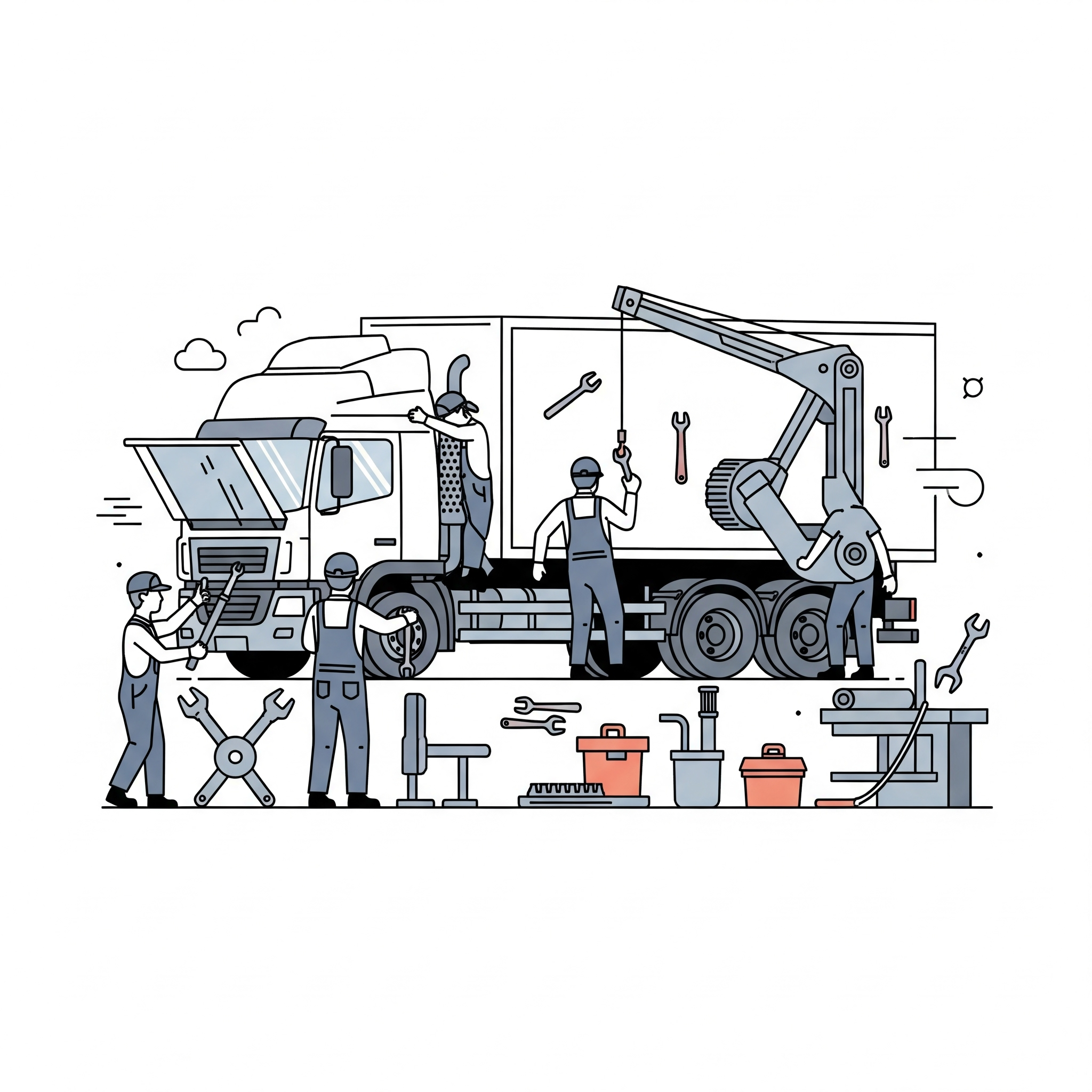 Illustration of mechanics working on a truck